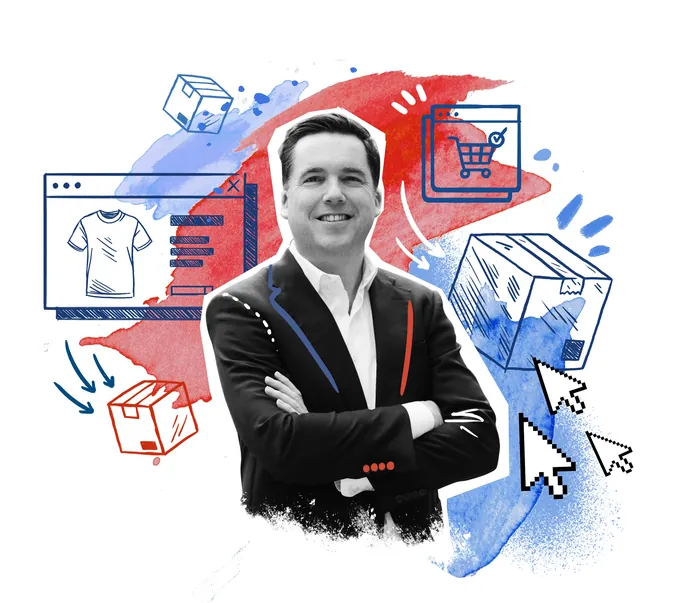 E-commerce illustration of man with shopping icons by Andy Gellenberg