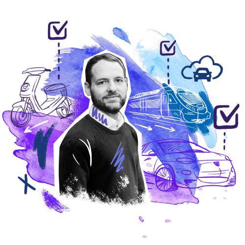 Digital illustration of man with transportation icons by Andy Gellenberg