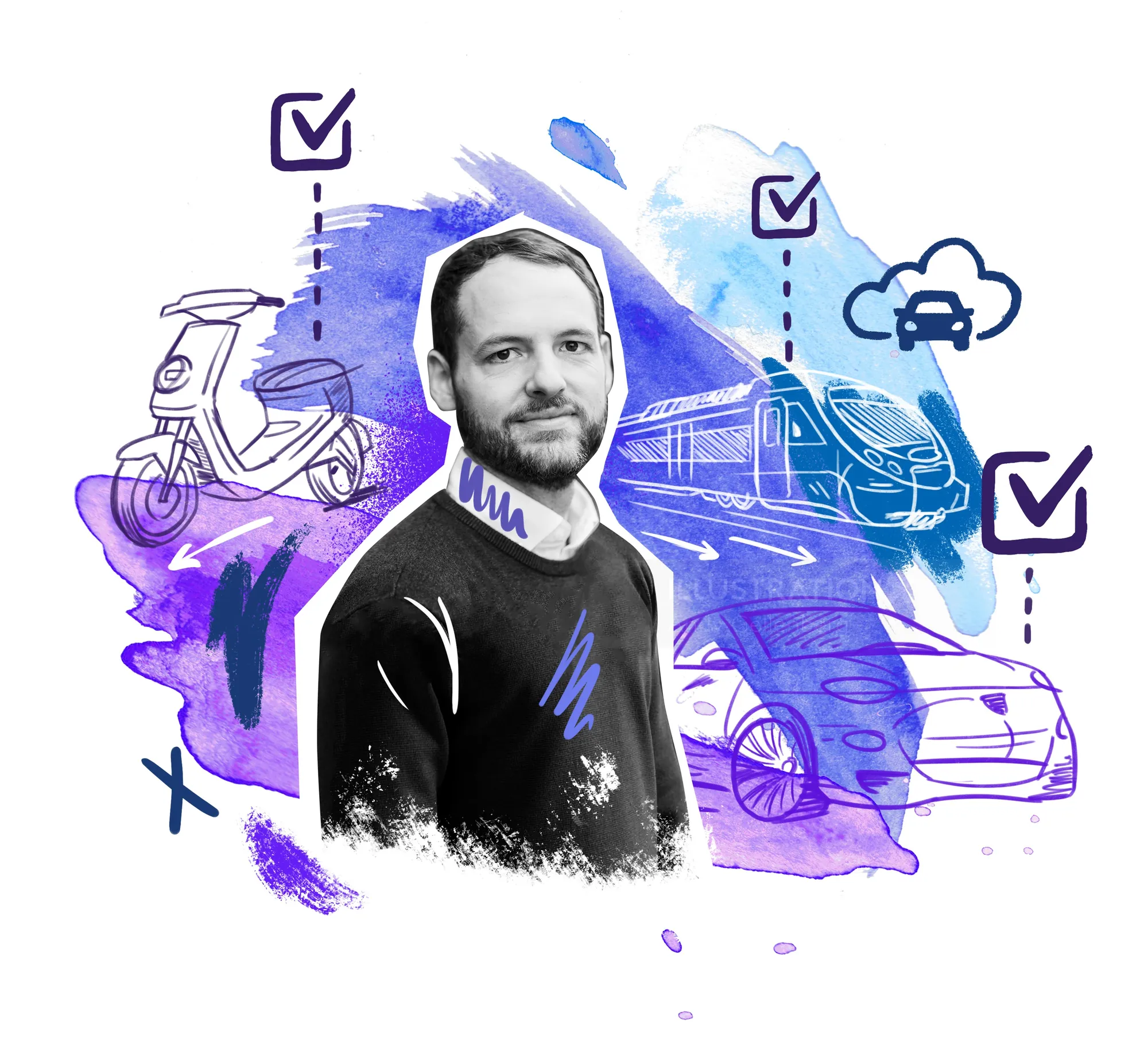 Digital illustration of man with transportation icons by Andy Gellenberg