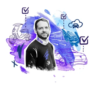 Digital illustration of man with transportation icons by Andy Gellenberg
