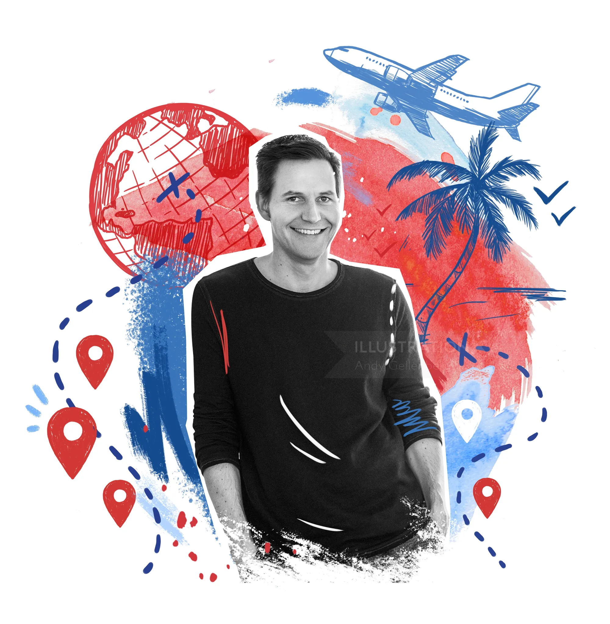 Travel concept illustration with globe, airplane and palm tree by Andy Gellenberg