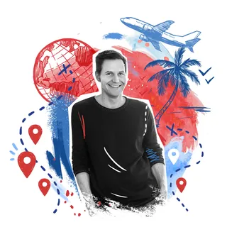 Travel concept illustration with globe, airplane and palm tree by Andy Gellenberg