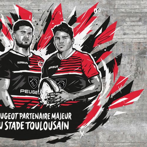 Illustration von Rugby-Spielern, die die Partnerschaft zwischen Stade Toulousain und Peugeot feiern, von Andy Gellenber