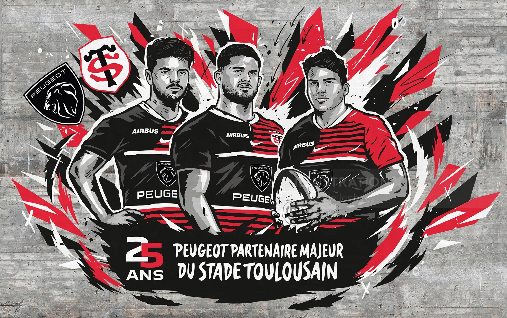 Illustration of rugby players celebrating Stade Toulousain and Peugeot partnership by Andy Gellenber