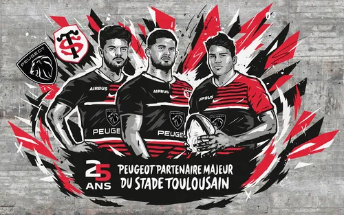 Illustration of rugby players celebrating Stade Toulousain and Peugeot partnership by Andy Gellenber