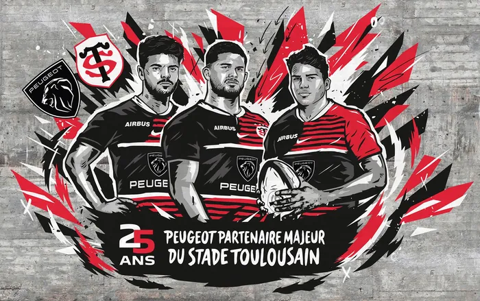 Illustration of rugby players celebrating Stade Toulousain and Peugeot partnership by Andy Gellenber