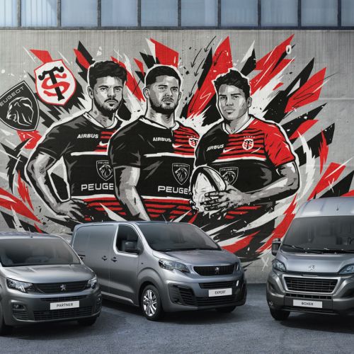 Mural of rugby players in Peugeot jerseys with three Peugeot vans parked below by Andy Gellenberg