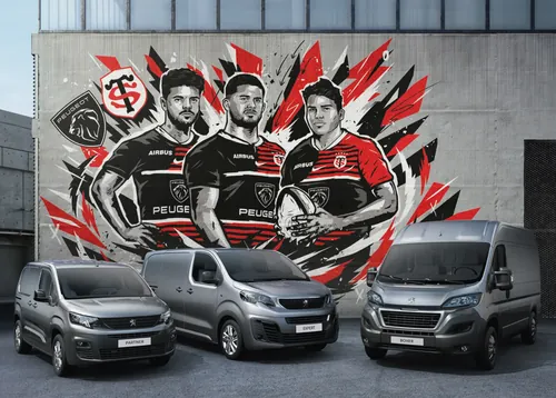 Mural of rugby players in Peugeot jerseys with three Peugeot vans parked below by Andy Gellenberg