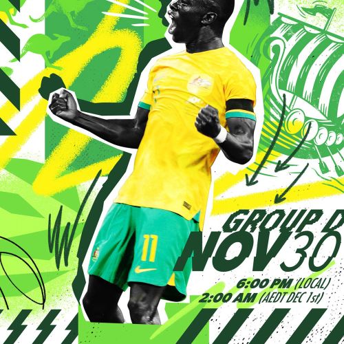 Soccer player celebrating in yellow jersey with Australia vs Denmark match details, Andy Gellenberg