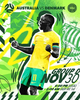 Soccer player celebrating in yellow jersey with Australia vs Denmark match details, Andy Gellenberg