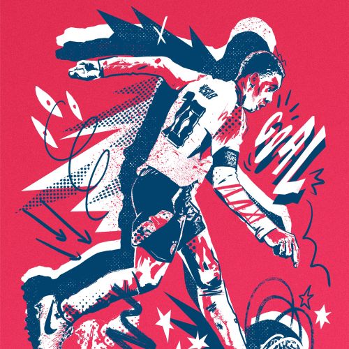 Illustration of soccer player kicking ball with action effects