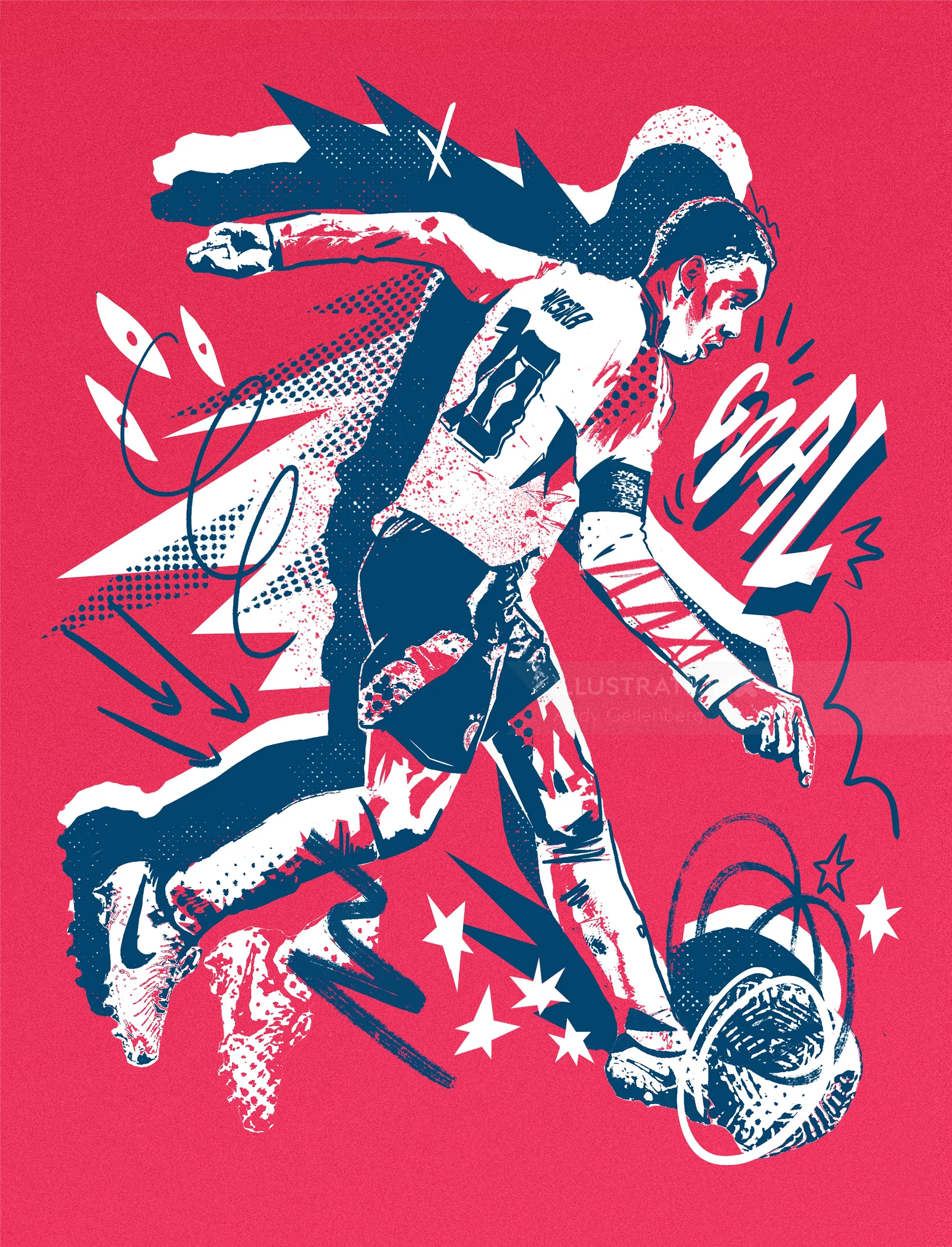 Illustration of soccer player kicking ball with action effects