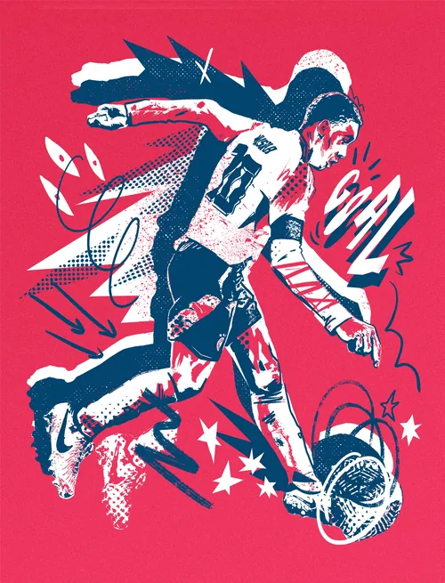 Illustration of soccer player kicking ball with action effects