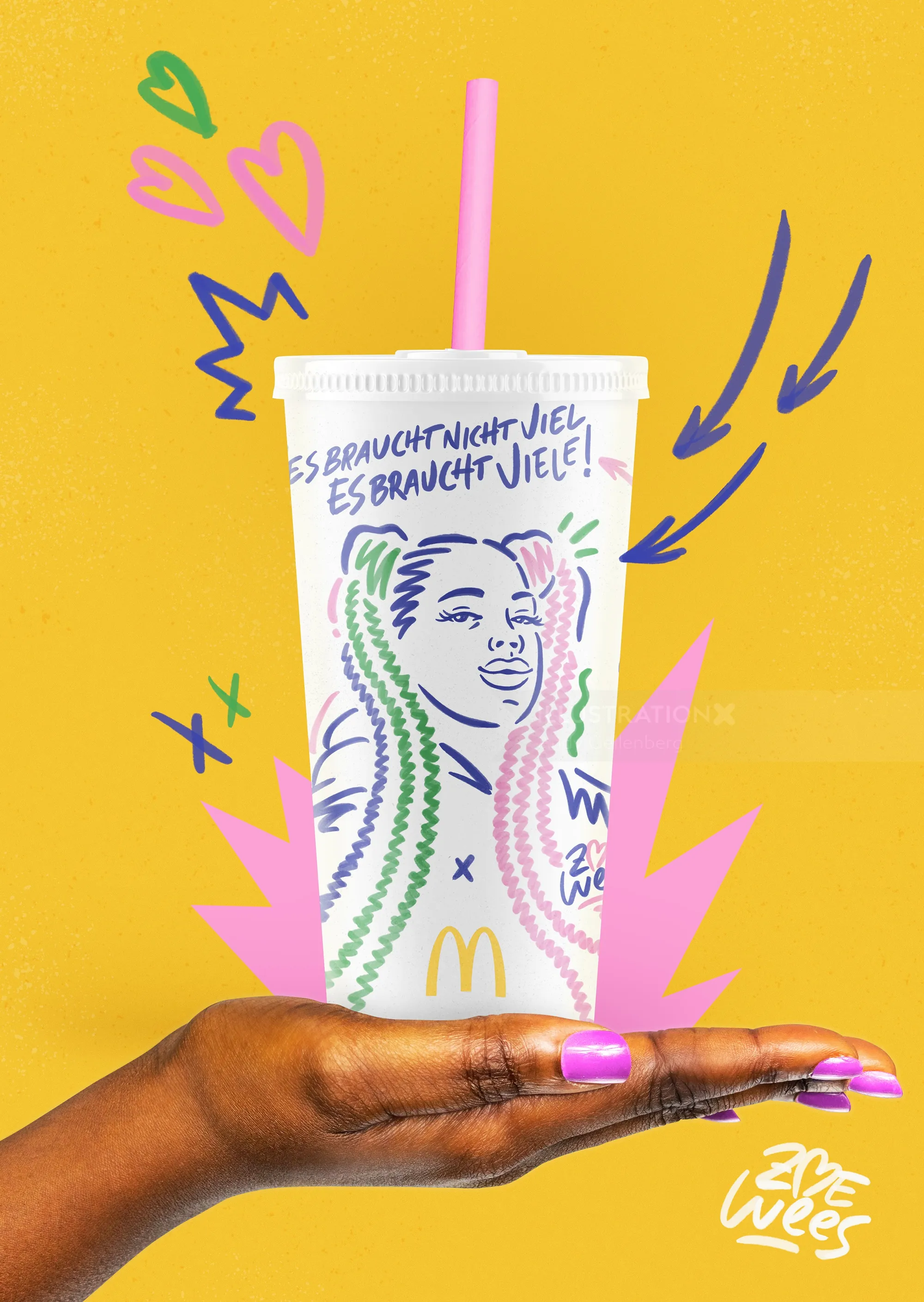 Hand holding decorated McDonald's cup with colorful drawings and German text
