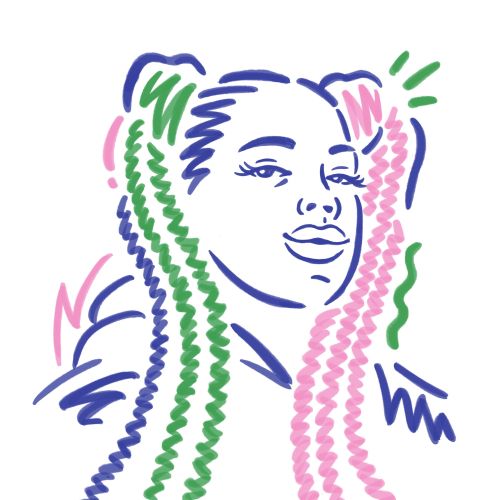 Abstract line art portrait of a person with pink and green long braids