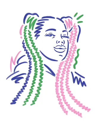 Abstract line art portrait of a person with pink and green long braids