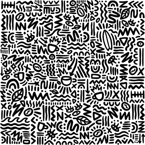 Black and white abstract pattern with diverse geometric and organic shapes