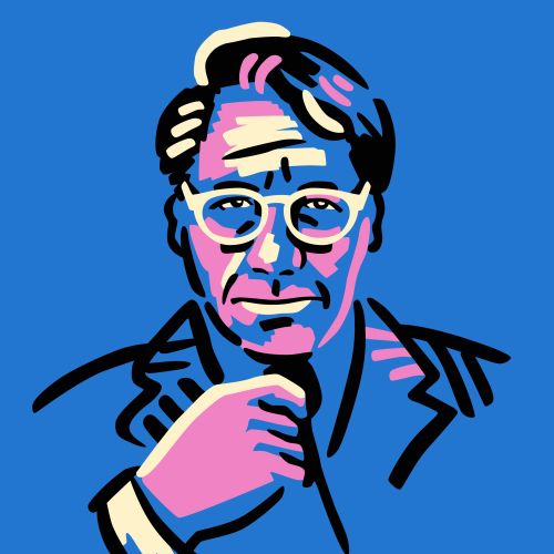 Pop art portrait of man with glasses and hand on chin against blue background