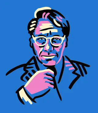 Pop art portrait of man with glasses and hand on chin against blue background
