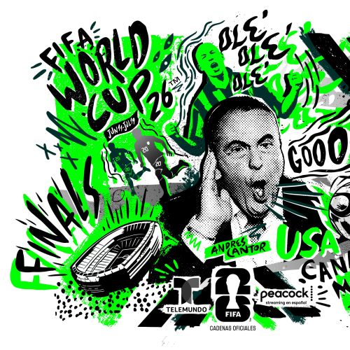 FIFA World Cup 2026 illustration with soccer player, stadium, and flags