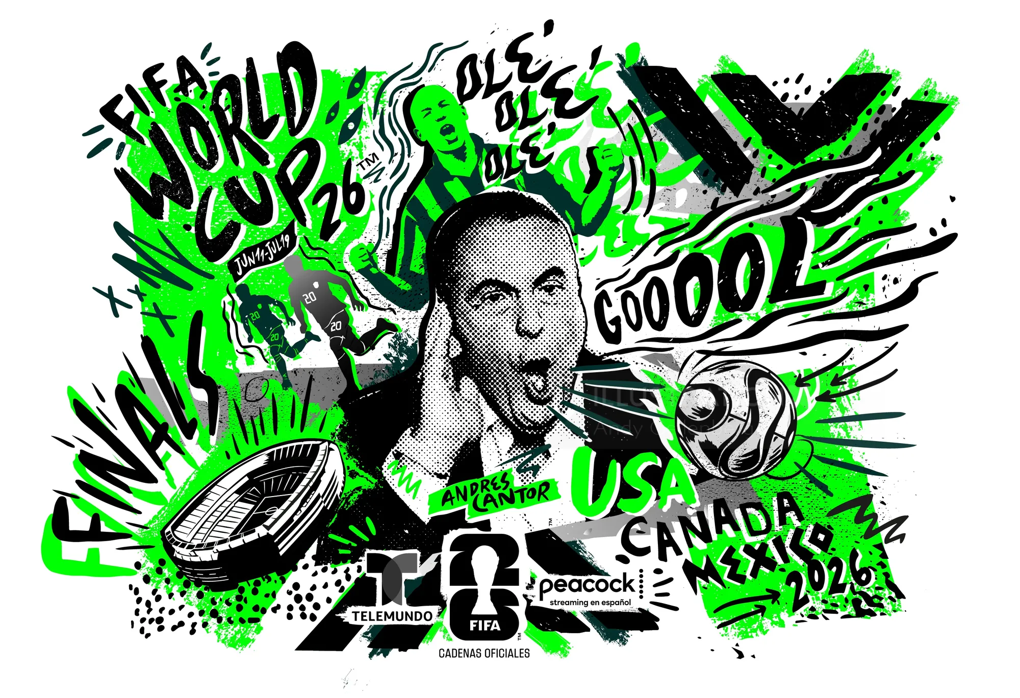 FIFA World Cup 2026 illustration with soccer player, stadium, and flags