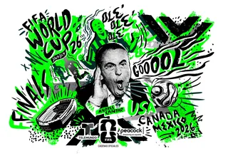 FIFA World Cup 2026 illustration with soccer player, stadium, and flags