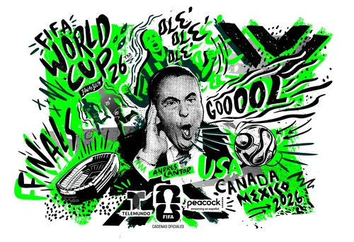 FIFA World Cup 2026 illustration with soccer player, stadium, and flags