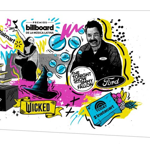 Vibrant mural with people, musical instruments, classic cars, and colorful designs.