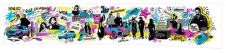 Vibrant mural with people, musical instruments, classic cars, and colorful designs.