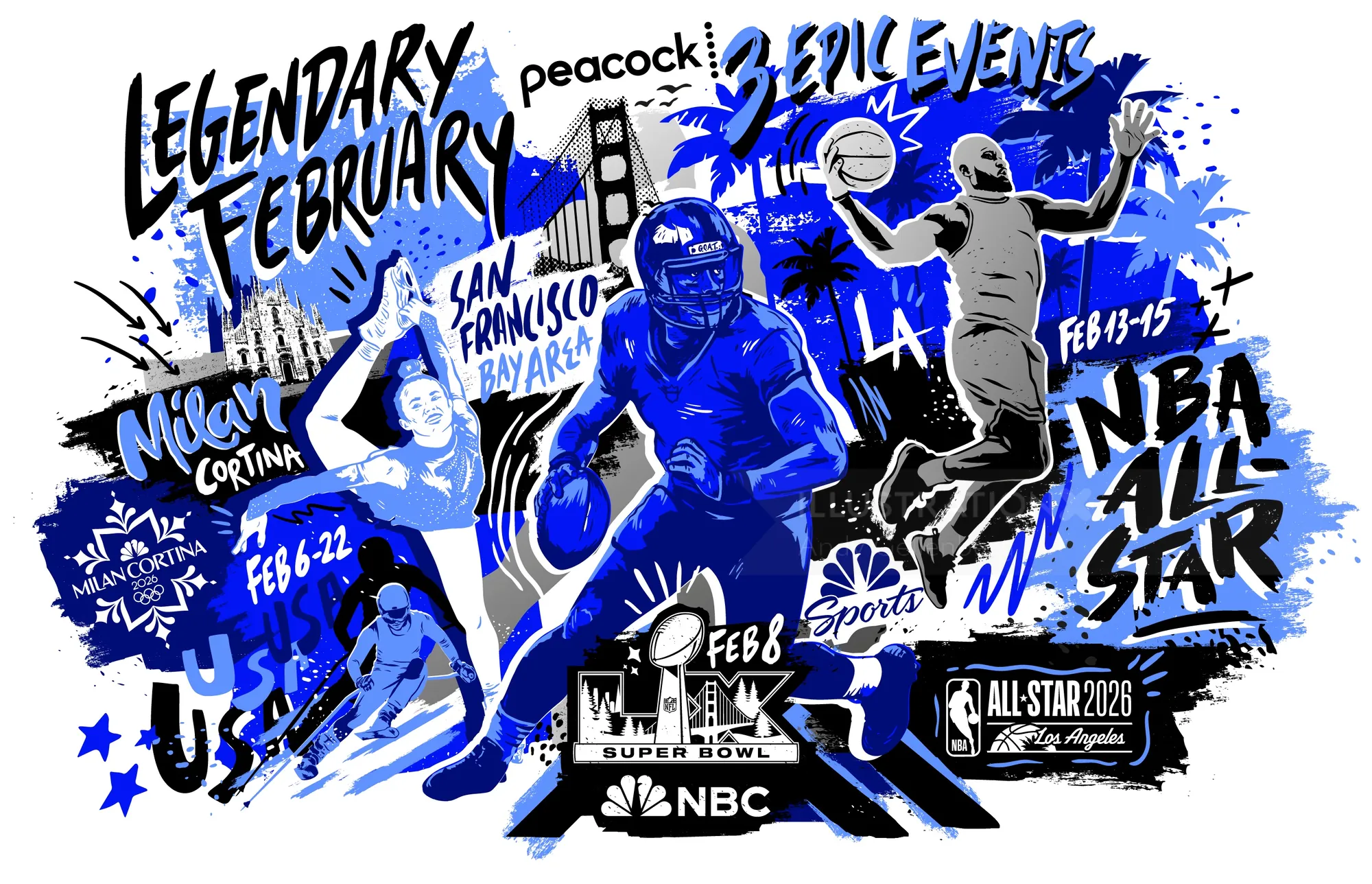NBA All-Star events February illustration with players and event details