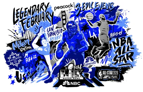 NBA All-Star events February illustration with players and event details