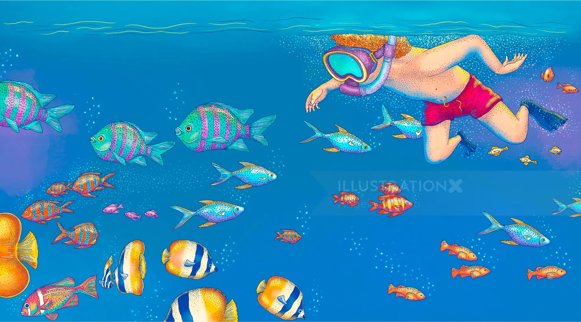 Child swimming among colorful fish underwater, illustrated by Angela Salerno