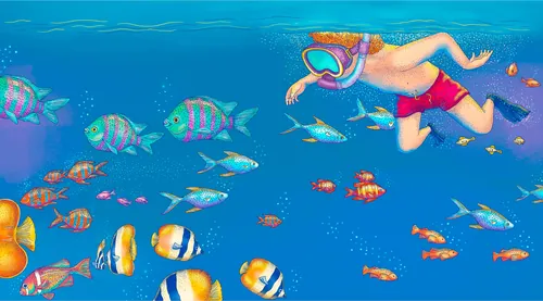 Enfant nageant parmi des poissons colorés sous l'eau, illustré par Angela Salerno
