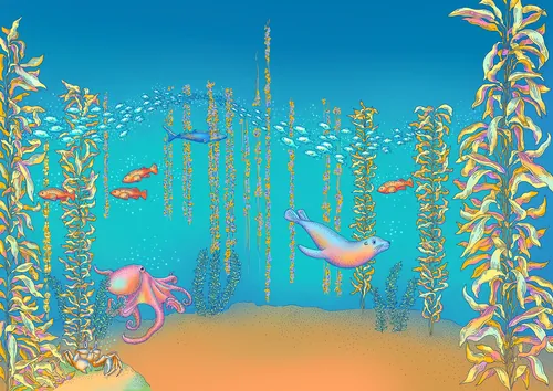 Forêt sous-marine de varech avec poissons et pieuvres, illustrée par Angela Salerno.