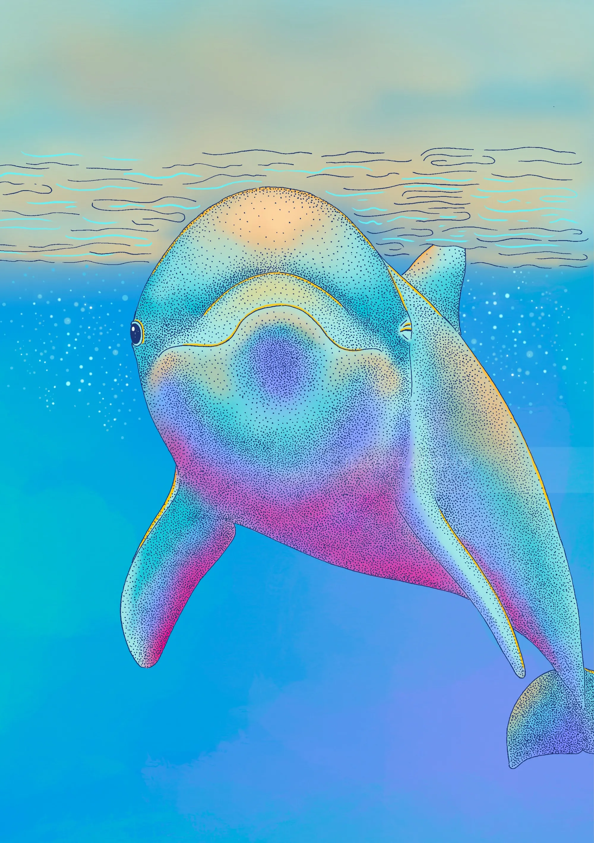 Illustration sous-marine colorée d'une baleine par Angela Salerno