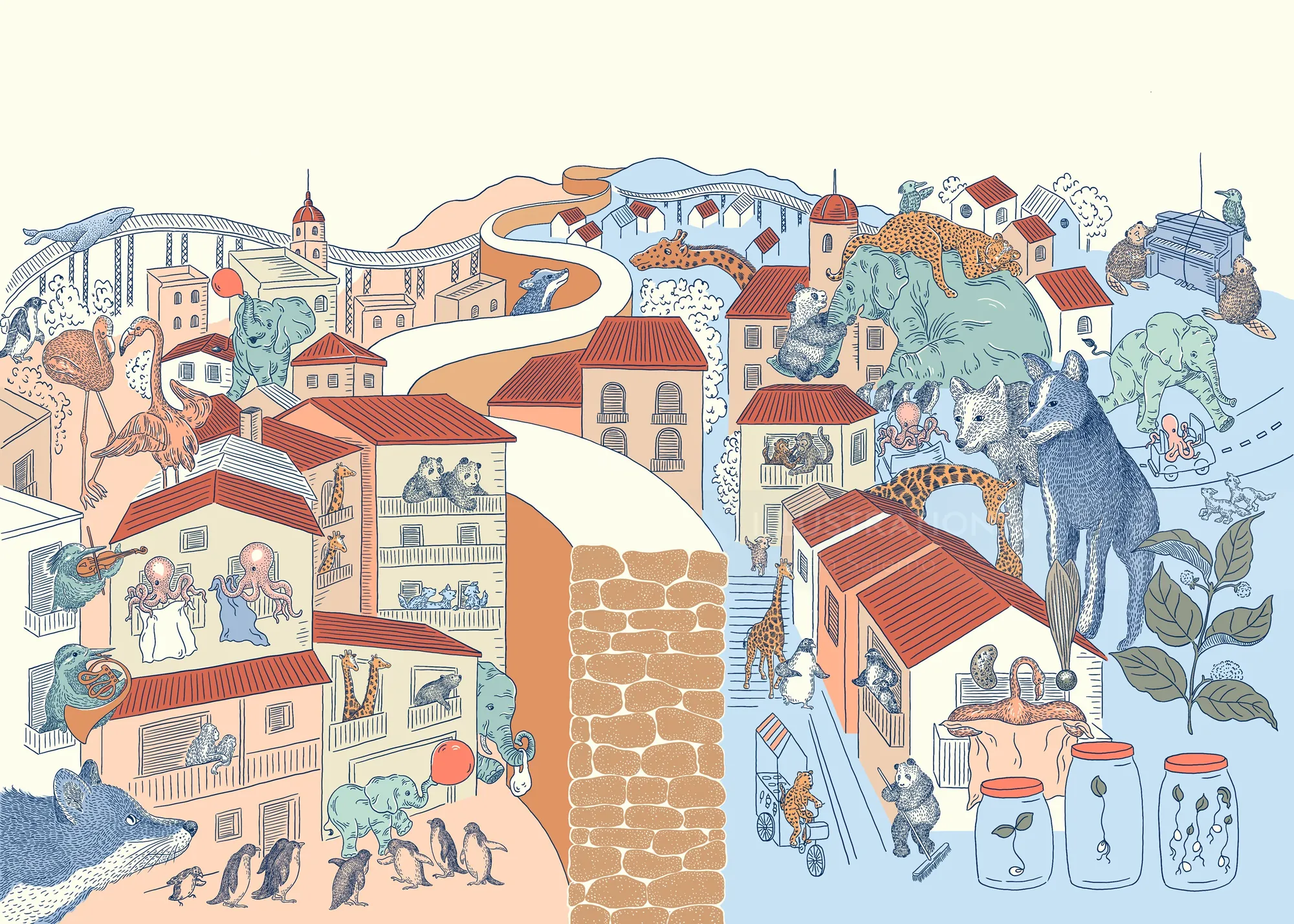 Illustration by Angela Salerno showing a colorful coastal town beside the sea