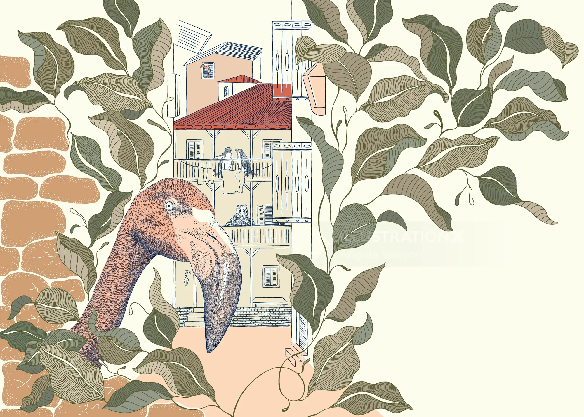 安吉拉·萨勒诺绘制的插图，描绘了一只被树叶和城市建筑环绕的巨嘴鸟。