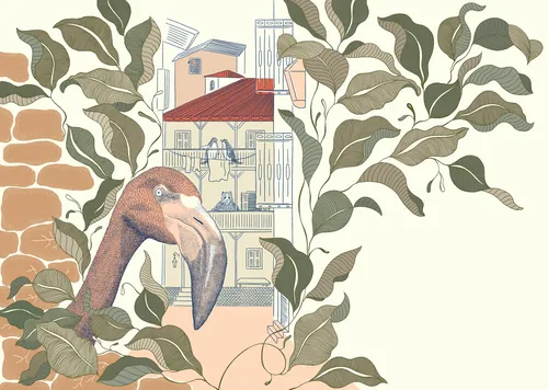 Illustration d'Angela Salerno représentant un toucan encadré par du feuillage et des bâtiments de la ville