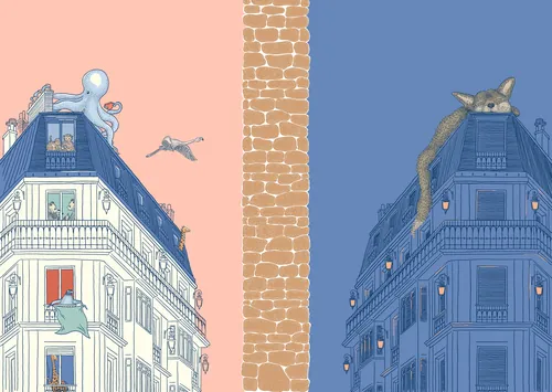 Illustration d'Angela Salerno représentant deux bâtiments ornés séparés par un mur de briques.