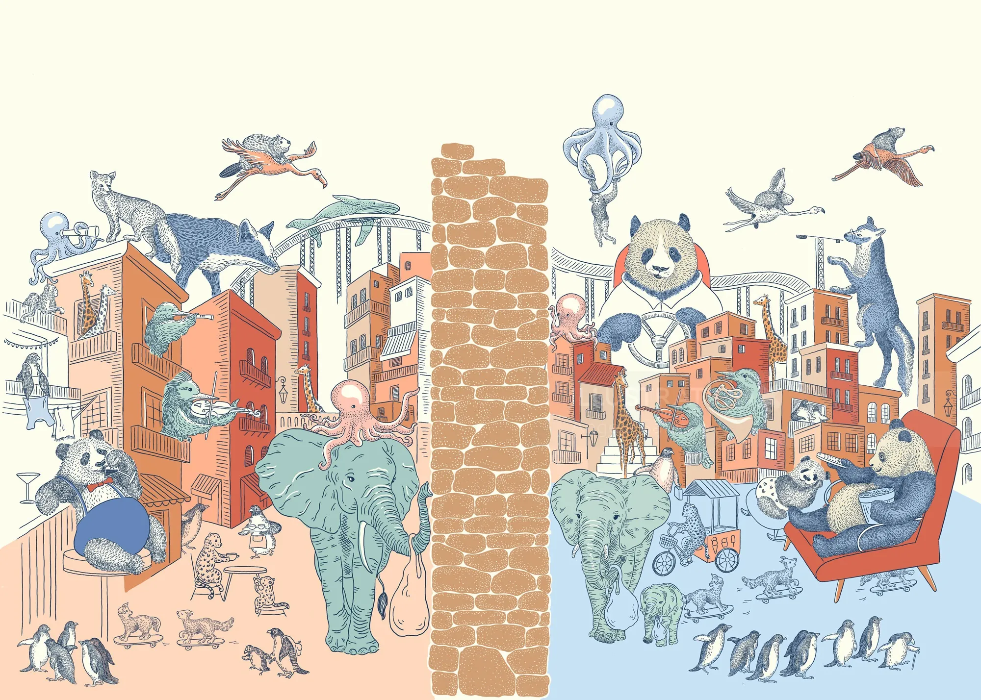 アンジェラ・サレルノによるイラスト、動物と人々が描かれたオセアニカの街並み
