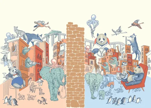Paysage urbain océanique avec animaux et personnages, illustré par Angela Salerno