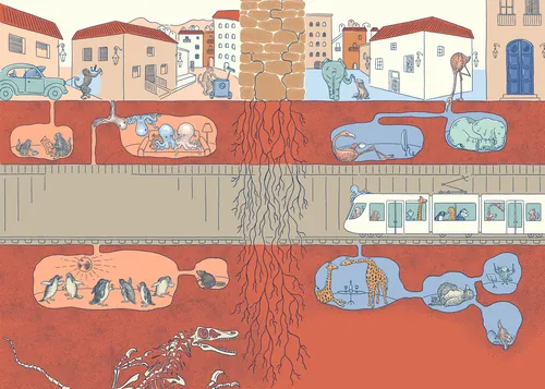 Illustration d'Angela Salerno d'une coupe transversale d'une ville avec des animaux souterrains