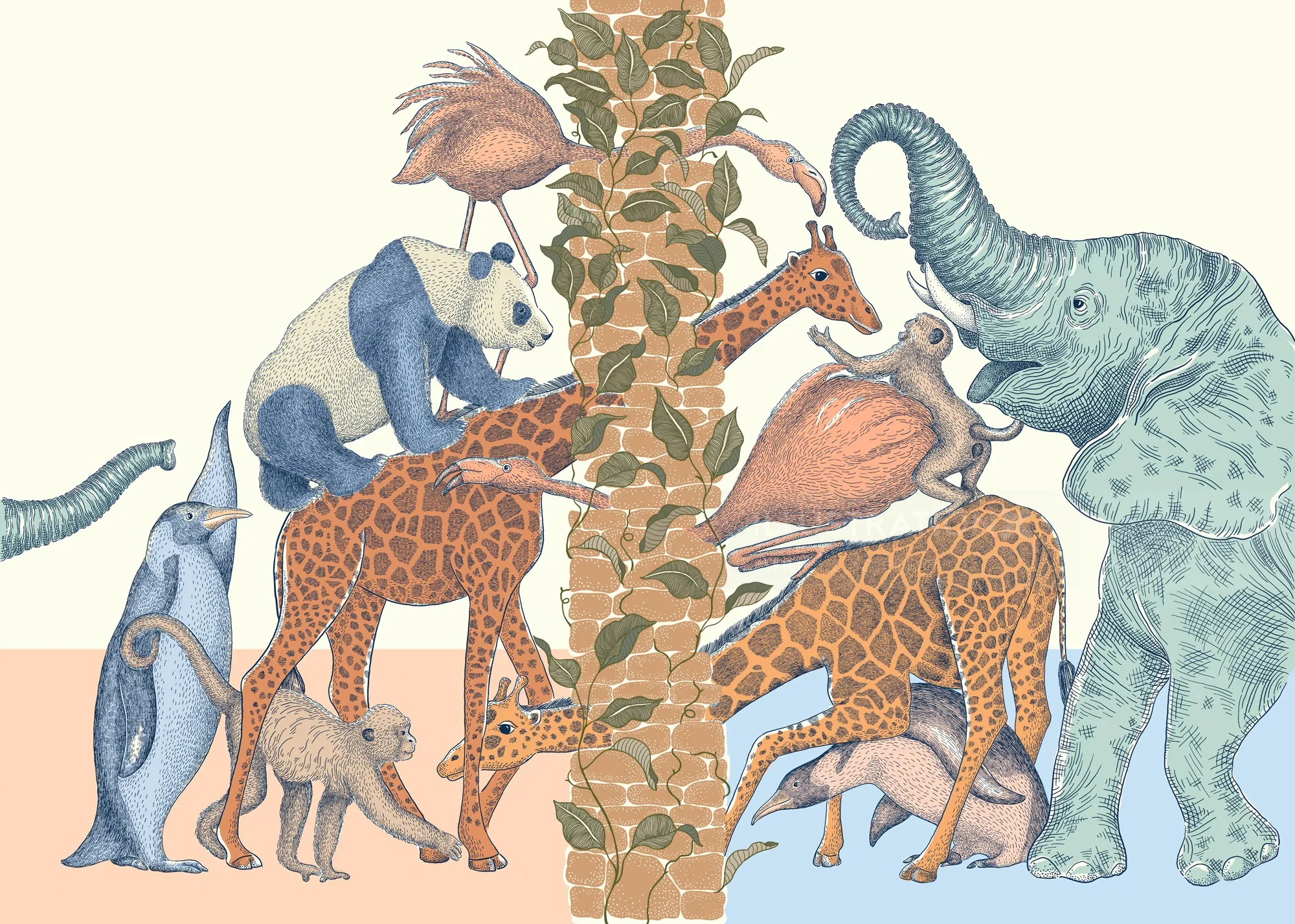 Angela Salerno illustration of giraffes, elephants, monkeys, and aquatic animals