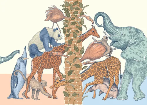 Illustration d'Angela Salerno représentant des girafes, des éléphants, des singes et des animaux aquatiques