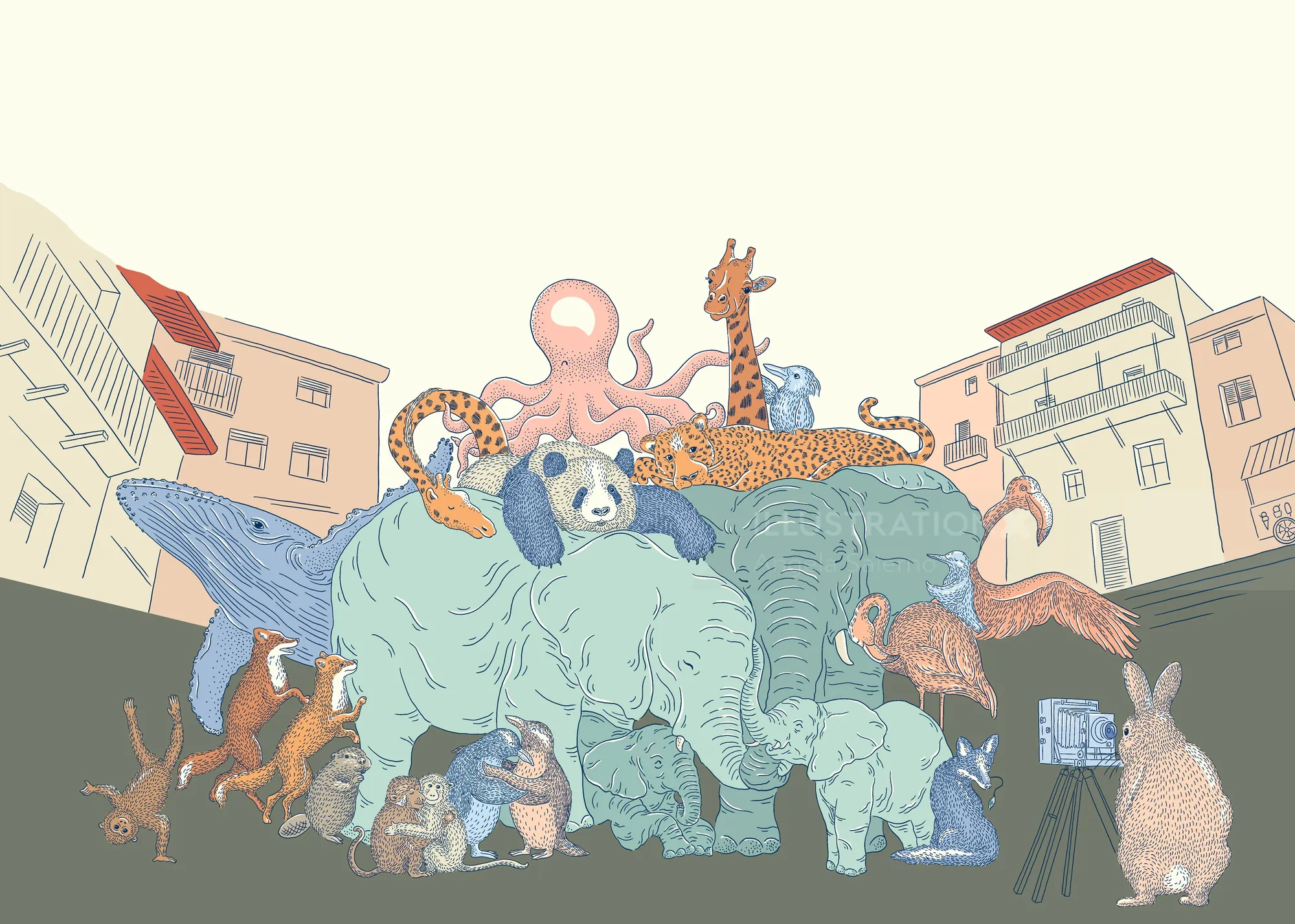 Oceánica-Illustration von Angela Salerno mit Meerestieren in einer Stadtstraße.