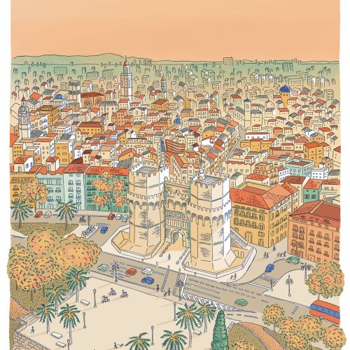 Angela Salerno illustration of Torres de Serranos in Valencia, Spain