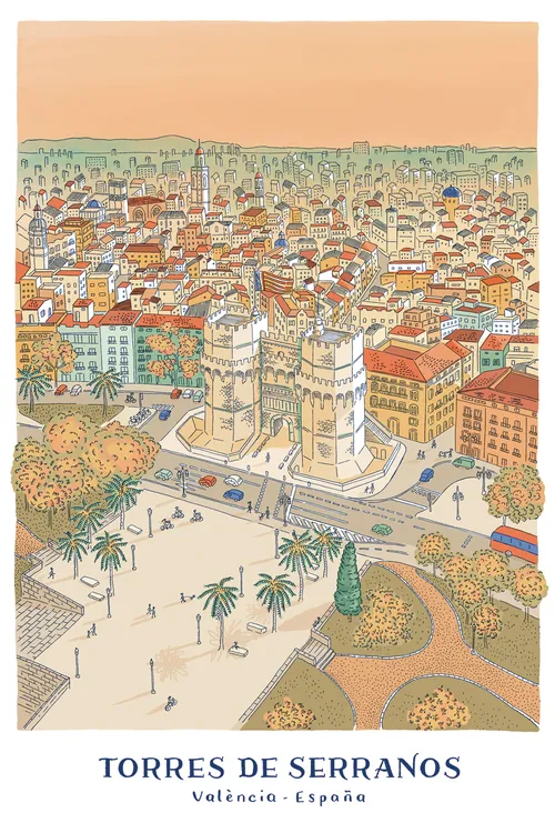 Angela Salerno illustration of Torres de Serranos in Valencia, Spain