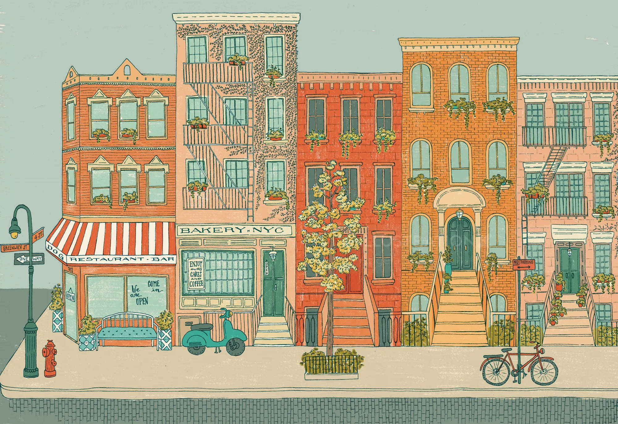Illustration by Angela Salerno showing colorful New York brownstones and a tree-lined sidewalk
