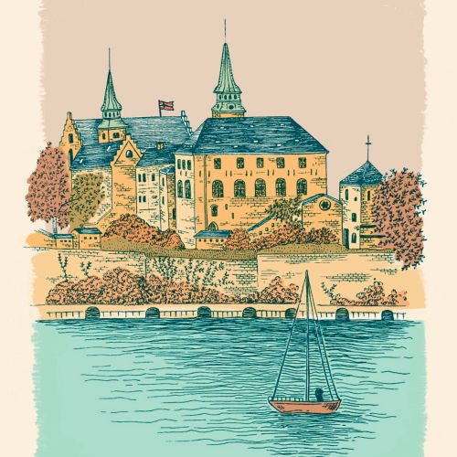Akershus Fortress by Angela Salerno, shown beside Oslo harbor