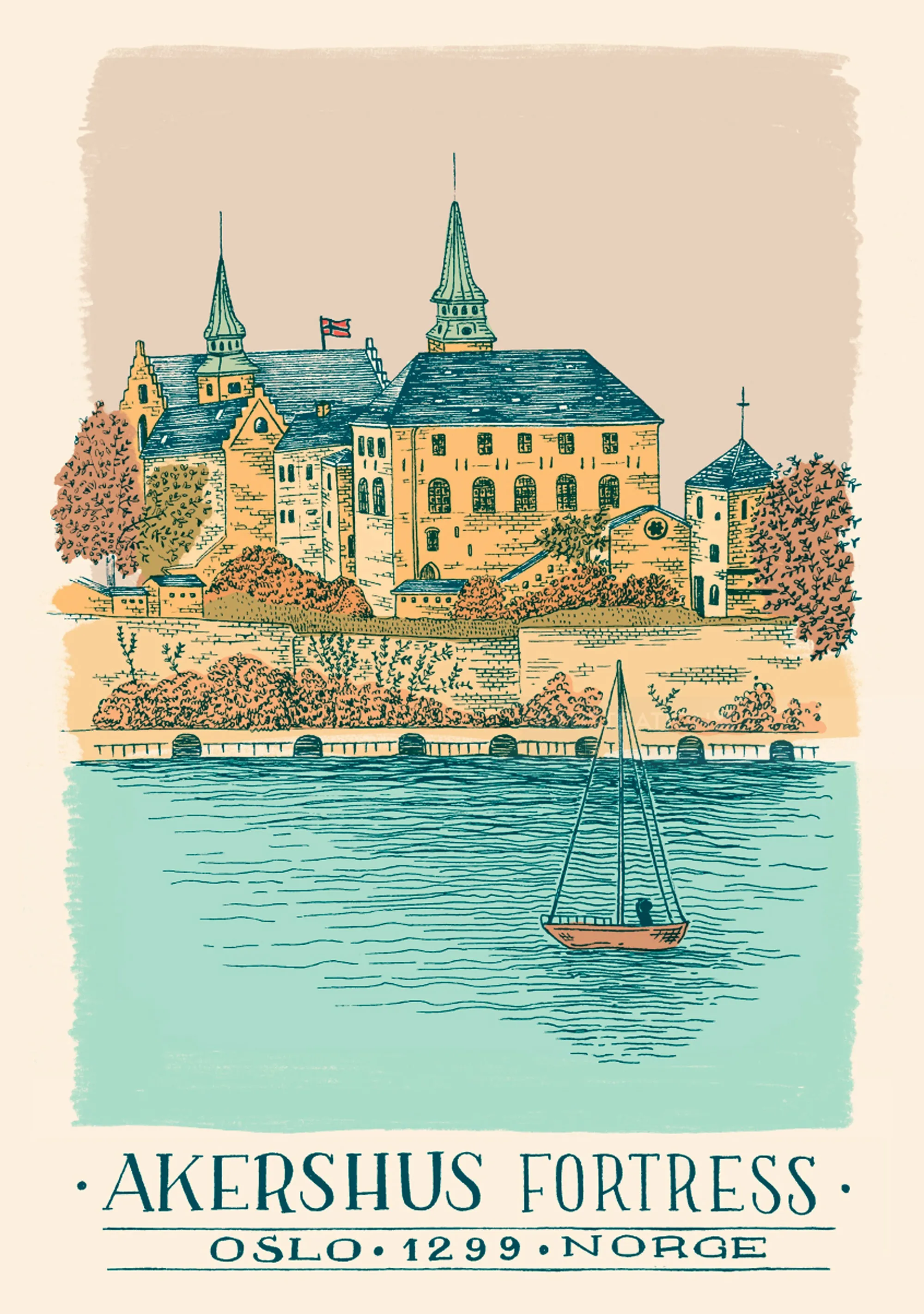 Akershus Fortress by Angela Salerno, shown beside Oslo harbor